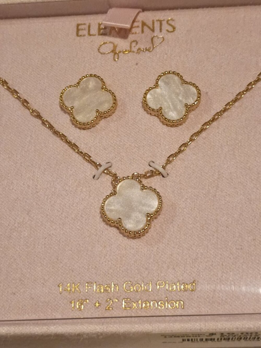 Elements of Love 14K Flash Gold Plated Necklace Earrings White Clover MOP New
